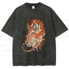 Unisex Vintage Ukiyo-e Tiger Holding a Deer Printed Washed Tee