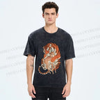 Unisex Vintage Ukiyo-e Tiger Holding a Deer Printed Washed Tee