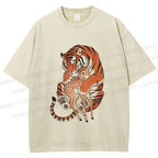 Unisex Vintage Ukiyo-e Tiger Holding a Deer Printed Washed Tee