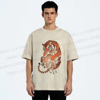 Unisex Vintage Ukiyo-e Tiger Holding a Deer Printed Washed Tee