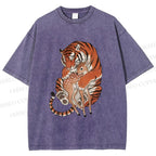 Unisex Vintage Ukiyo-e Tiger Holding a Deer Printed Washed Tee