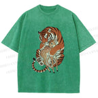 Unisex Vintage Ukiyo-e Tiger Holding a Deer Printed Washed Tee