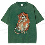 Unisex Vintage Ukiyo-e Tiger Holding a Deer Printed Washed Tee