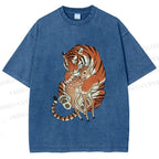 Unisex Vintage Ukiyo-e Tiger Holding a Deer Printed Washed Tee