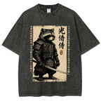 Unisex Raccoon Japanese Samurai Printed Washed Tee