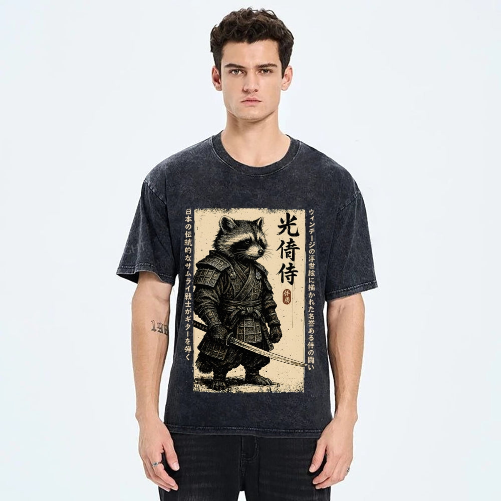 Unisex Raccoon Japanese Samurai Printed Washed Tee