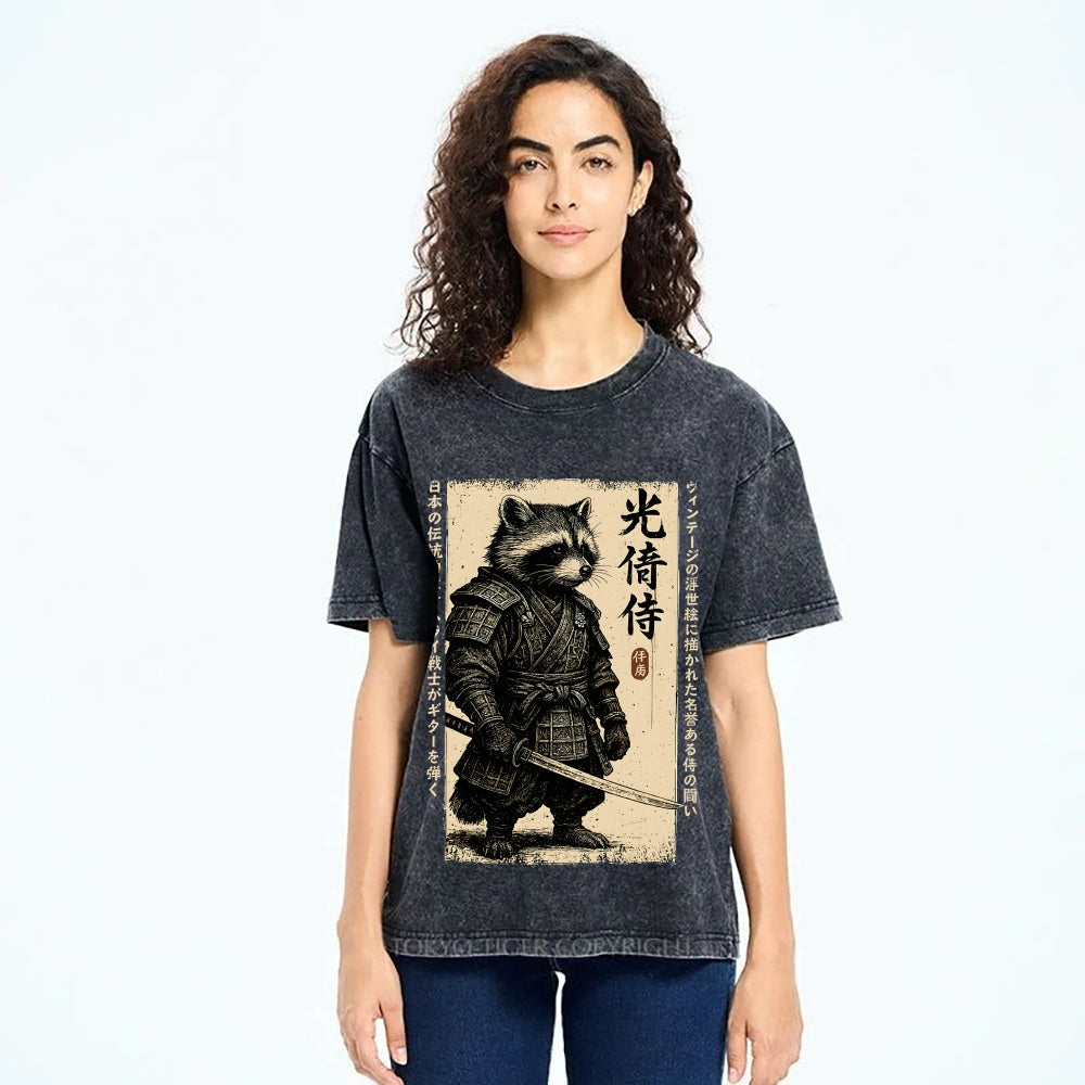 Unisex Raccoon Japanese Samurai Printed Washed Tee