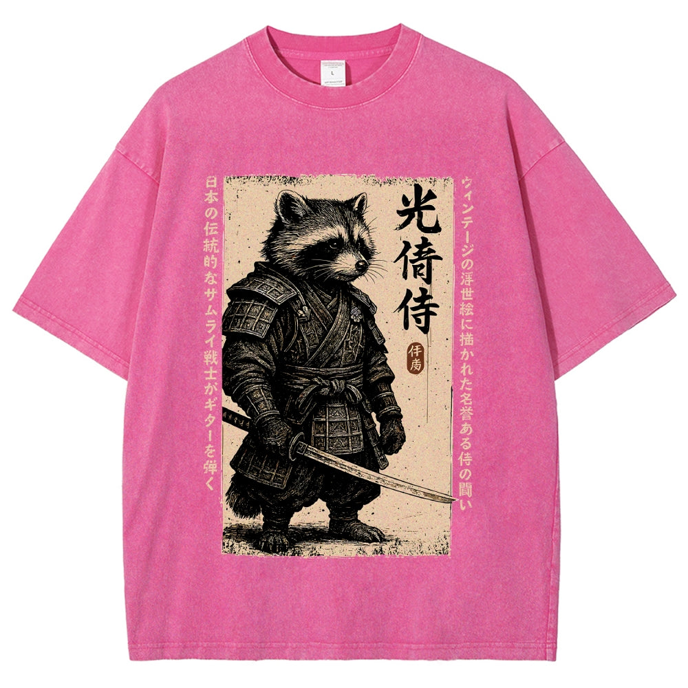 Unisex Raccoon Japanese Samurai Printed Washed Tee