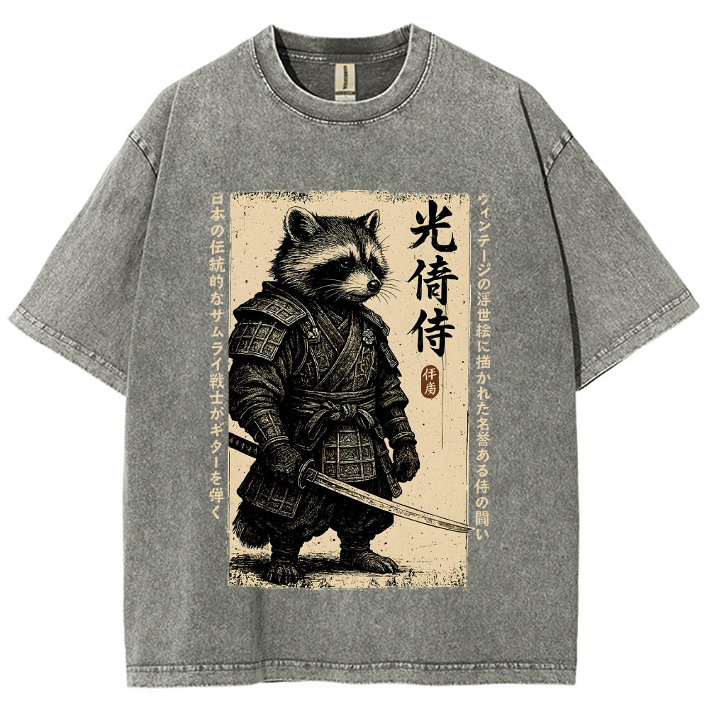 Unisex Raccoon Japanese Samurai Printed Washed Tee