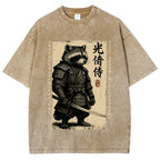Unisex Raccoon Japanese Samurai Printed Washed Tee