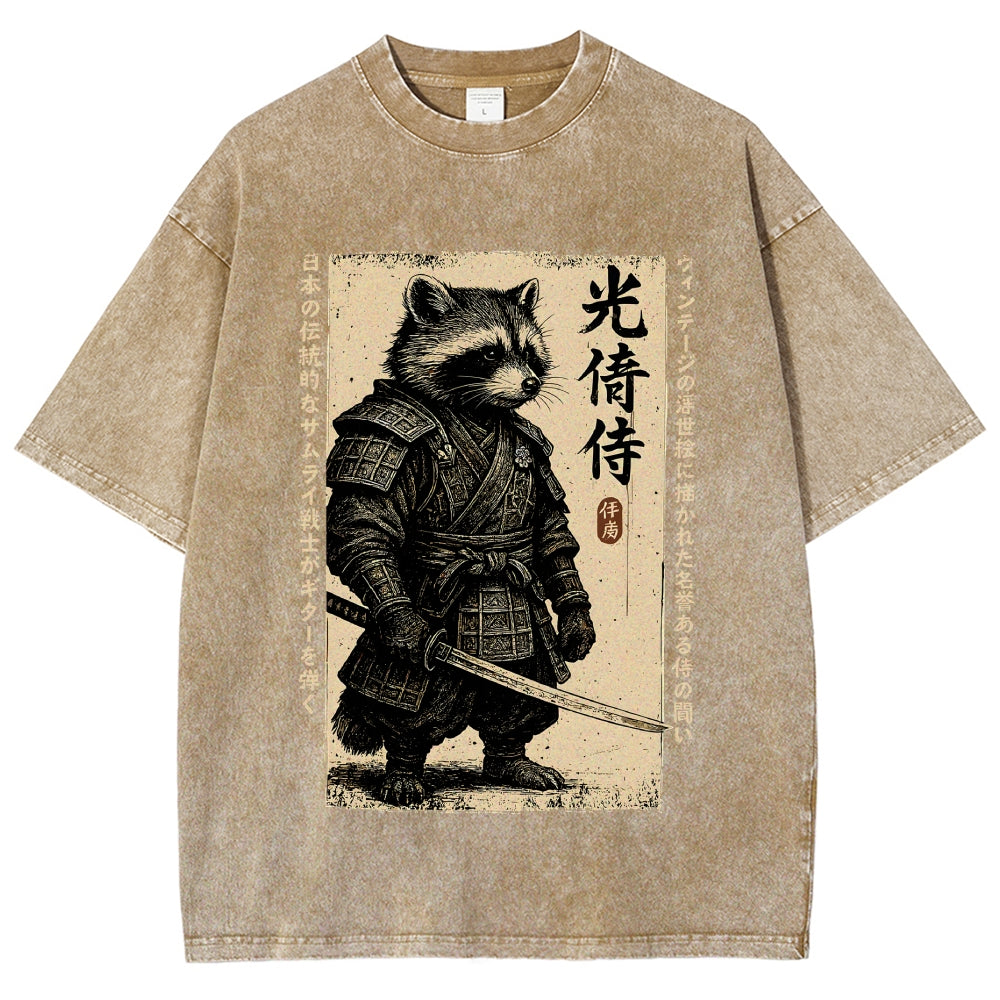 Unisex Raccoon Japanese Samurai Printed Washed Tee