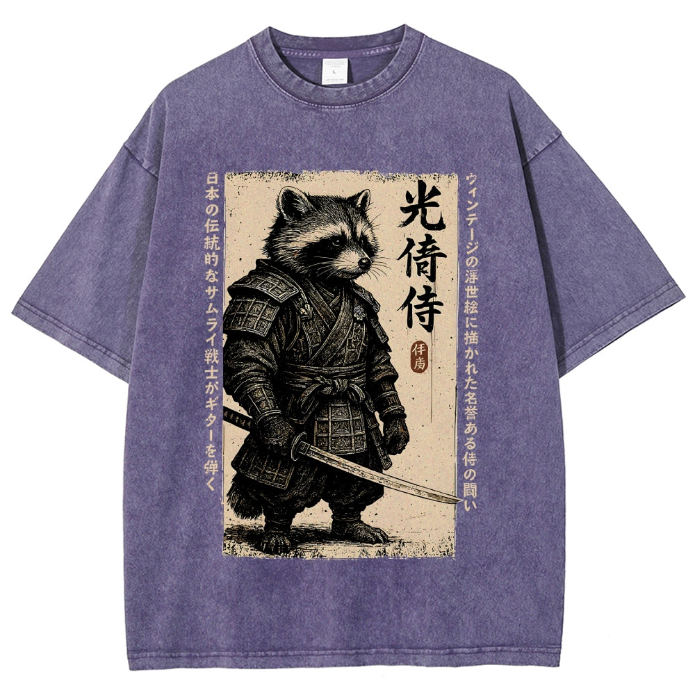 Unisex Raccoon Japanese Samurai Printed Washed Tee