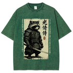 Unisex Raccoon Japanese Samurai Printed Washed Tee