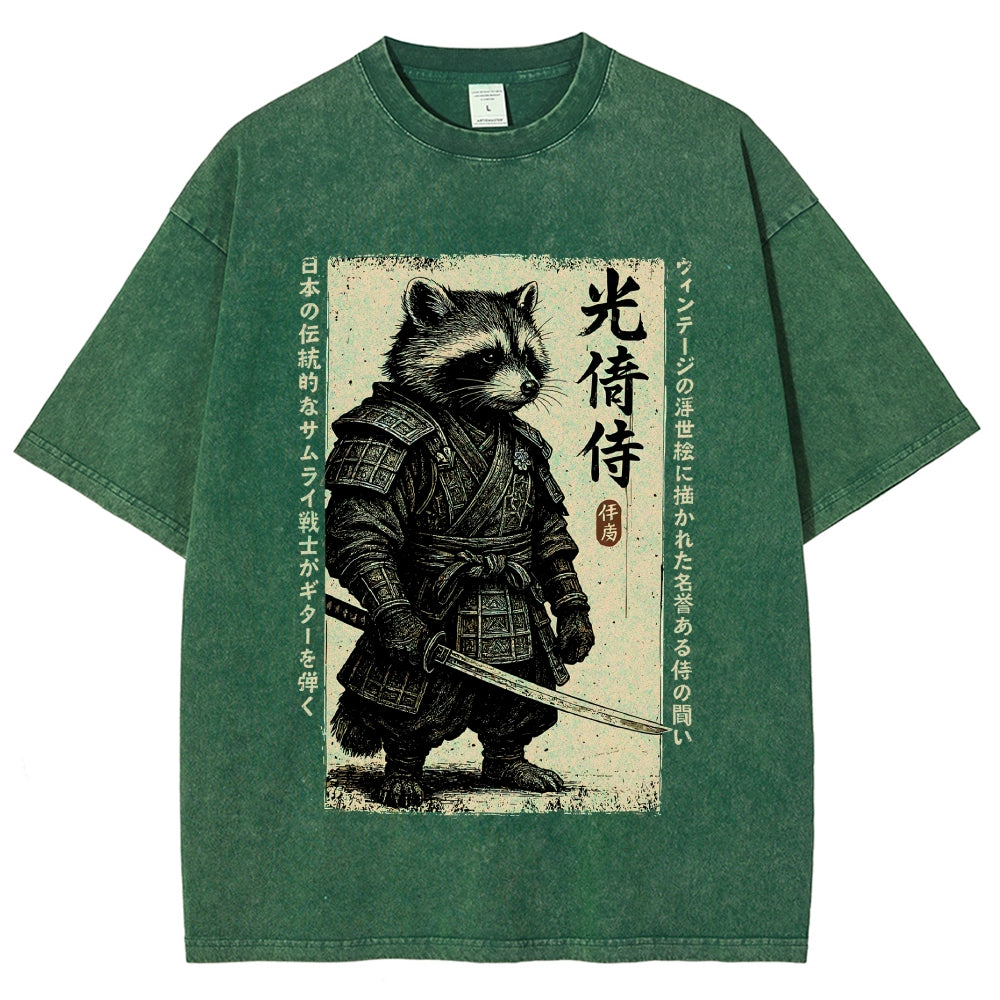 Unisex Raccoon Japanese Samurai Printed Washed Tee