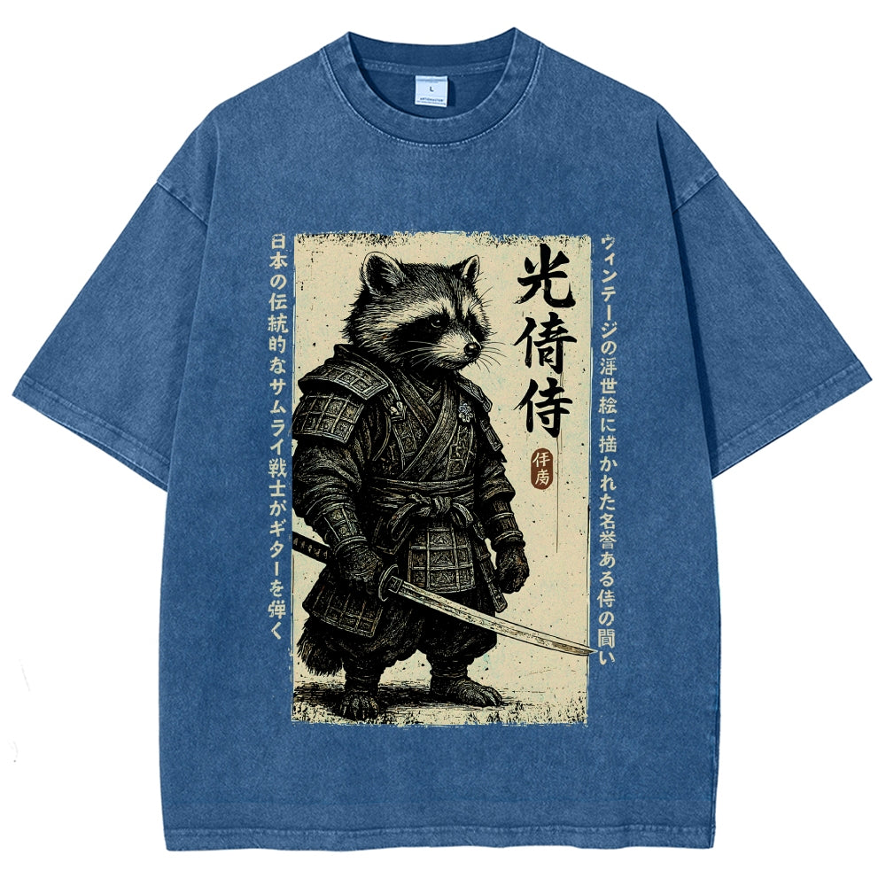 Unisex Raccoon Japanese Samurai Printed Washed Tee