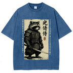 Unisex Raccoon Japanese Samurai Printed Washed Tee