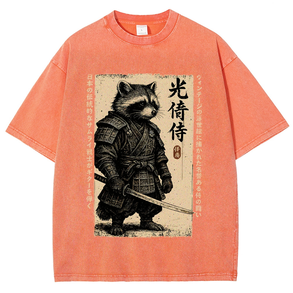 Unisex Raccoon Japanese Samurai Printed Washed Tee