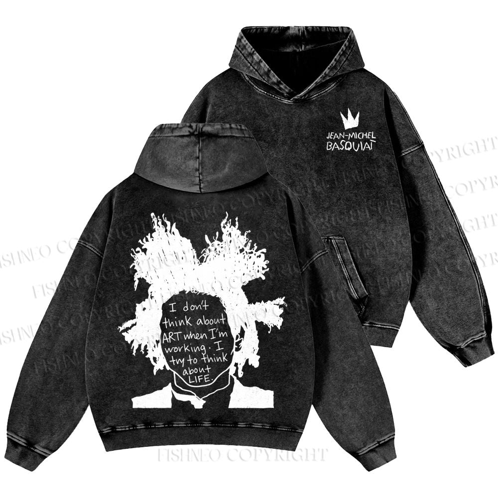 Unisex Casual Jean-Michel Basquiat Silhoutte Portrait Printed Double-sided Washed Hoodie