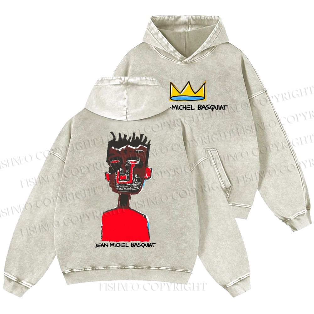 Unisex Casual Jean-Michel Basquiat Self Portrait Printed Double-sided Washed Hoodie