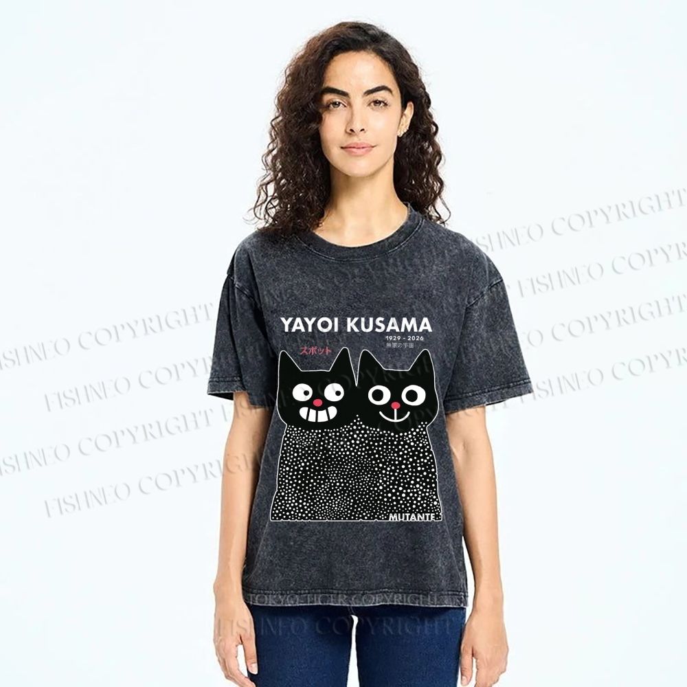 Unisex Yayoi Kusama Cat Printed Washed Tee