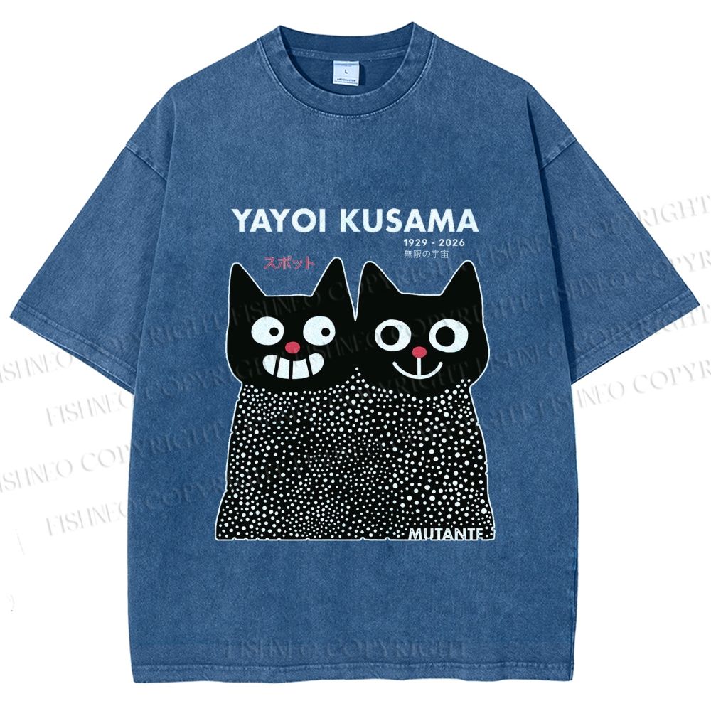 Unisex Yayoi Kusama Cat Printed Washed Tee
