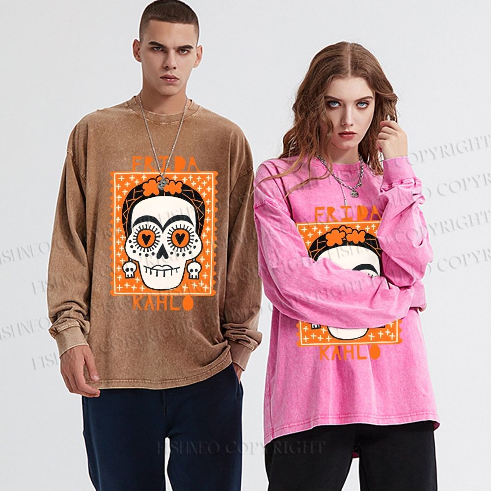 Unisex Halloween Skull Casual Washed Printed Long Sleeve T-shirt