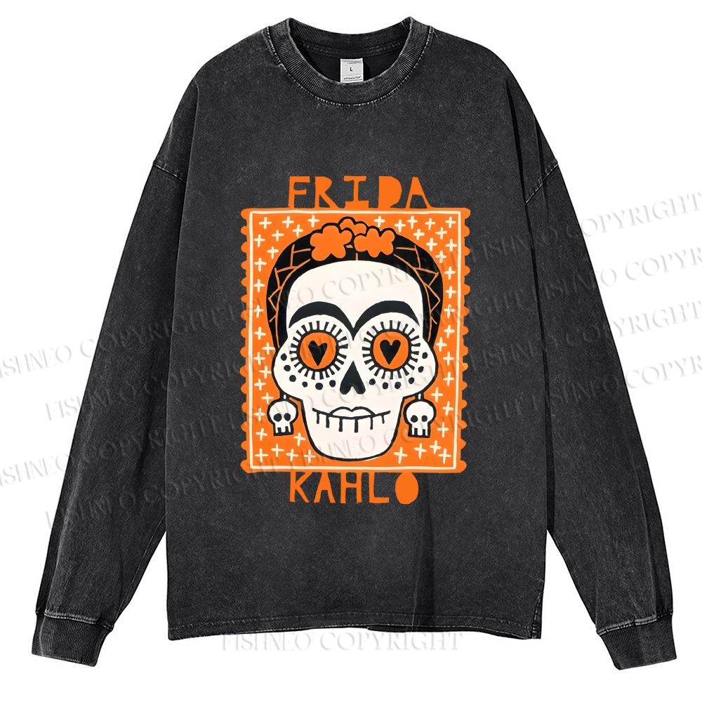Unisex Halloween Skull Casual Washed Printed Long Sleeve T-shirt