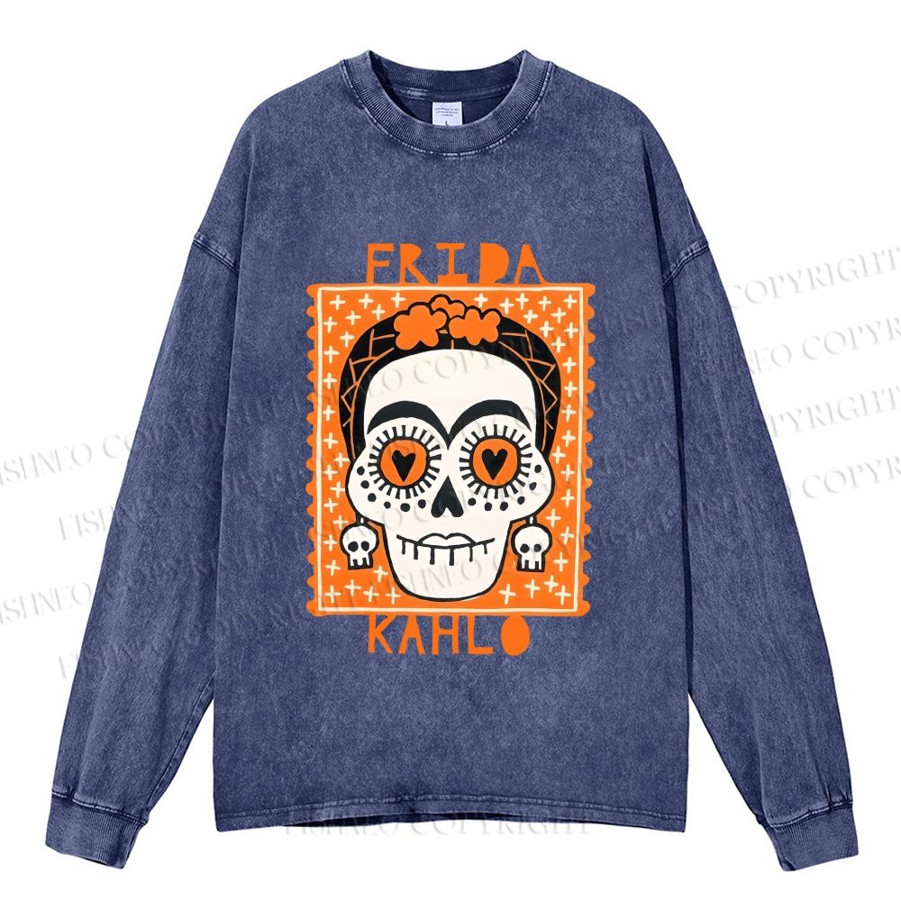 Unisex Halloween Skull Casual Washed Printed Long Sleeve T-shirt