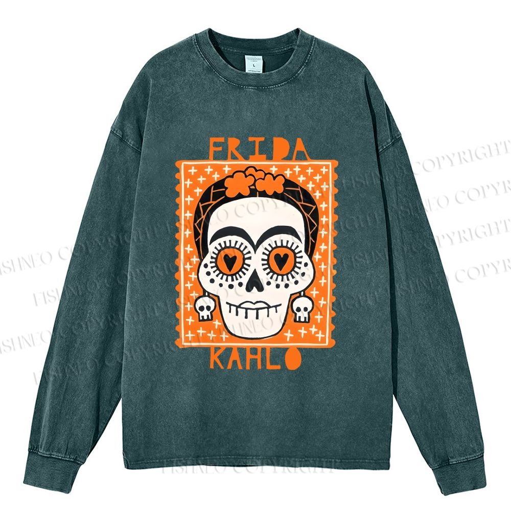 Unisex Halloween Skull Casual Washed Printed Long Sleeve T-shirt