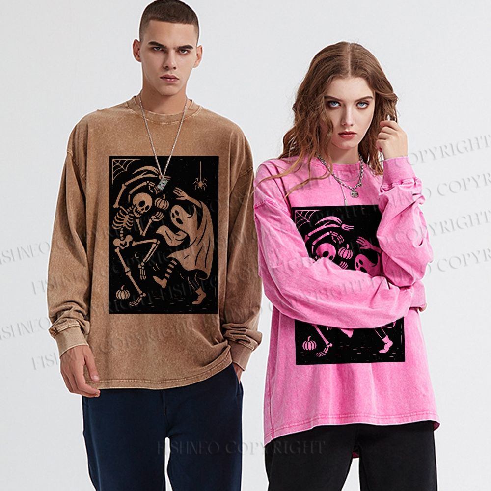 Unisex Dancing in Halloween Casual Washed Printed Long Sleeve T-shirt