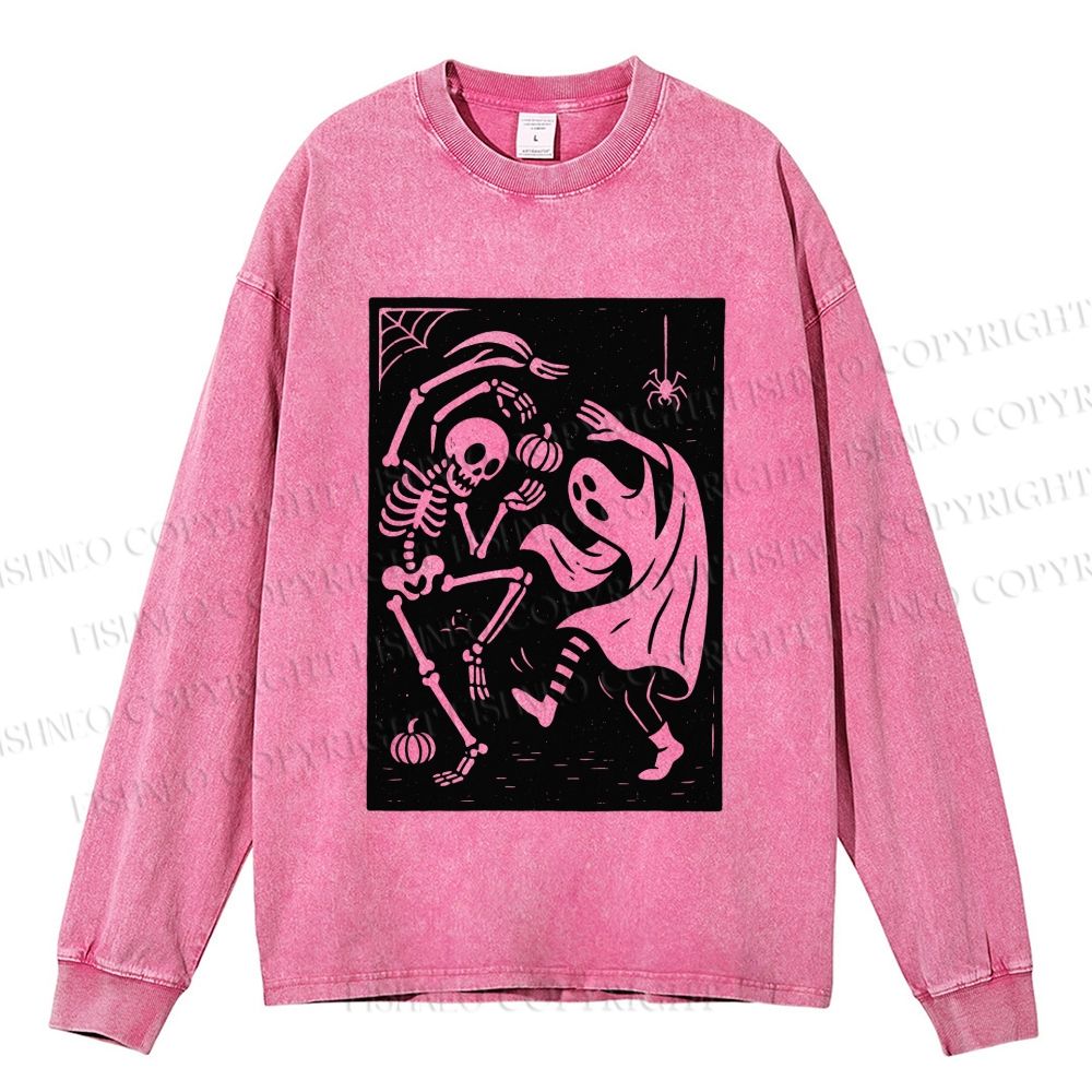 Unisex Dancing in Halloween Casual Washed Printed Long Sleeve T-shirt