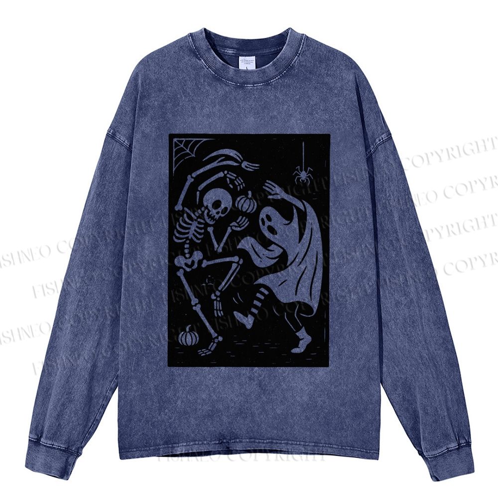 Unisex Dancing in Halloween Casual Washed Printed Long Sleeve T-shirt