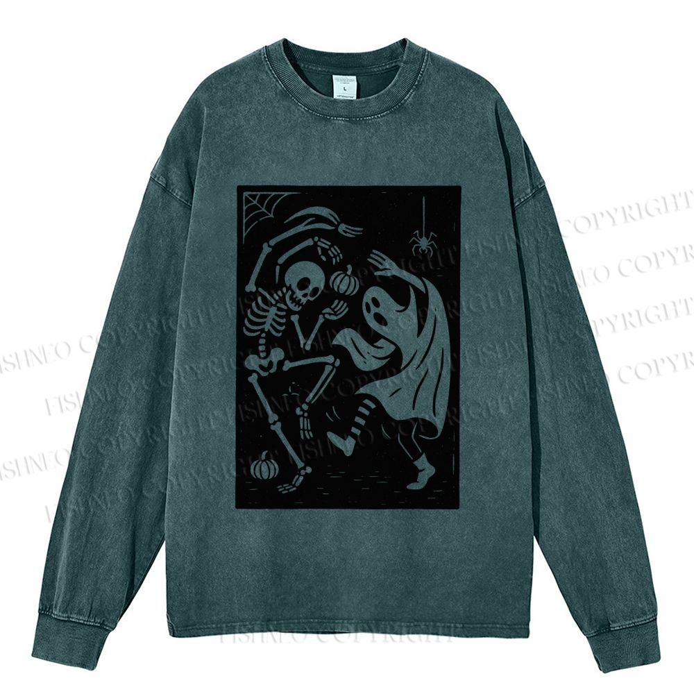 Unisex Dancing in Halloween Casual Washed Printed Long Sleeve T-shirt