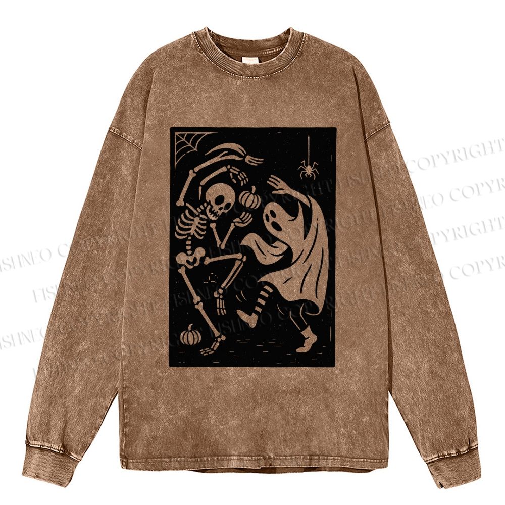 Unisex Dancing in Halloween Casual Washed Printed Long Sleeve T-shirt
