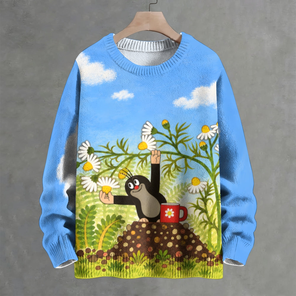 The Little Mole in Garden Working With Daisies Crew Neck Sweater
