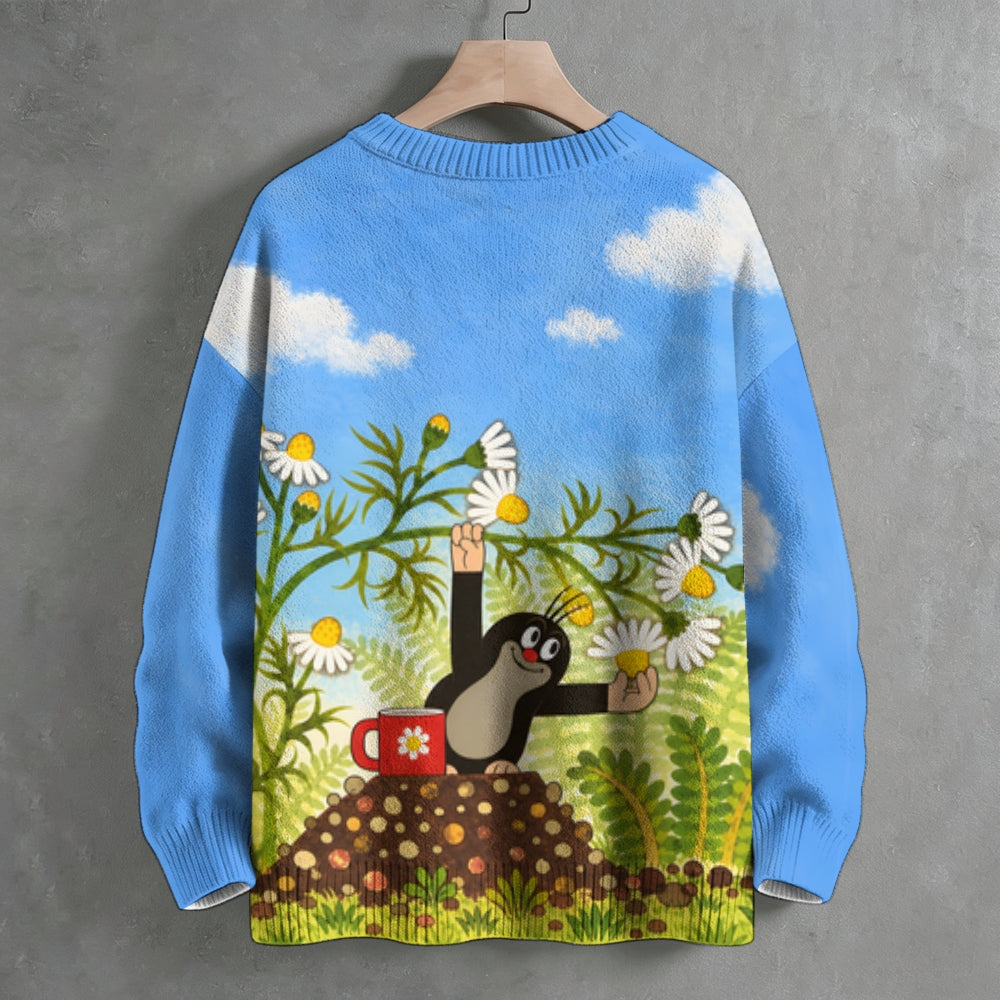 The Little Mole in Garden Working With Daisies Crew Neck Sweater