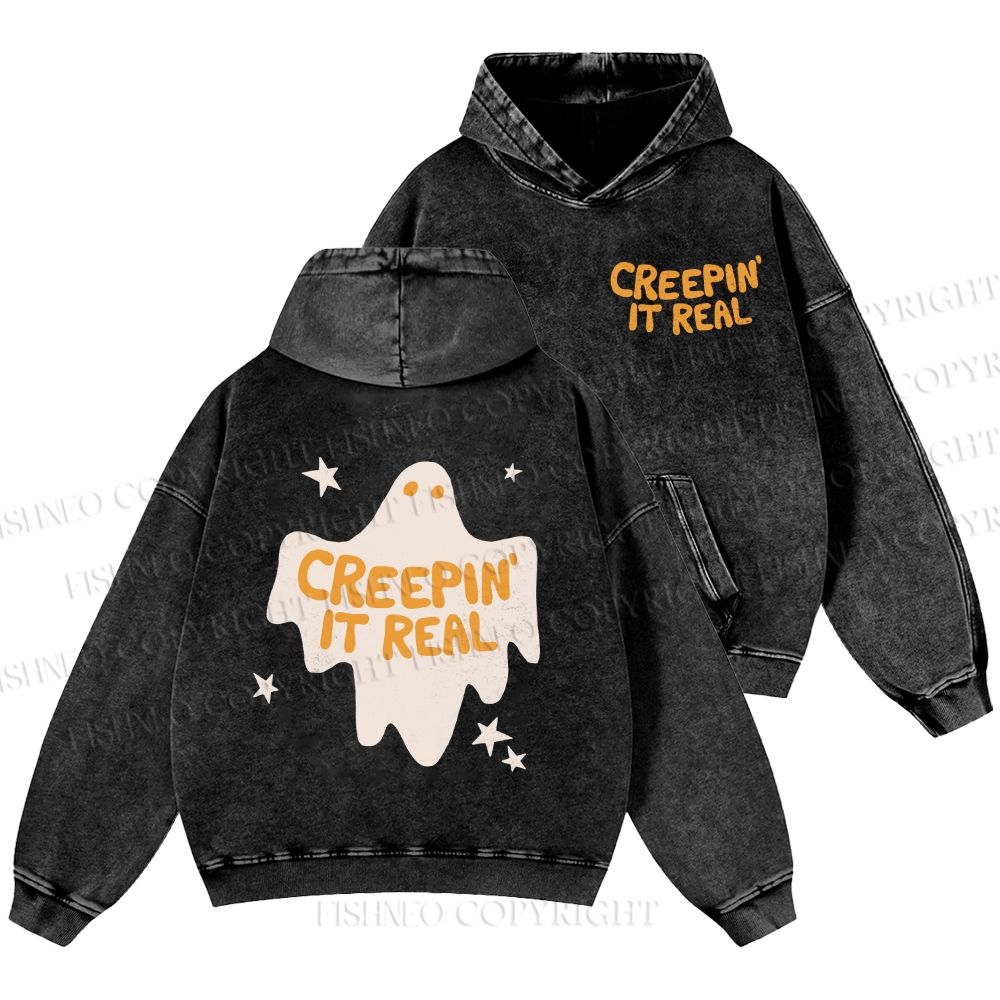 Unisex Creeping it Real Halloween Ghost Casual Printed Double-sided Washed Hoodie