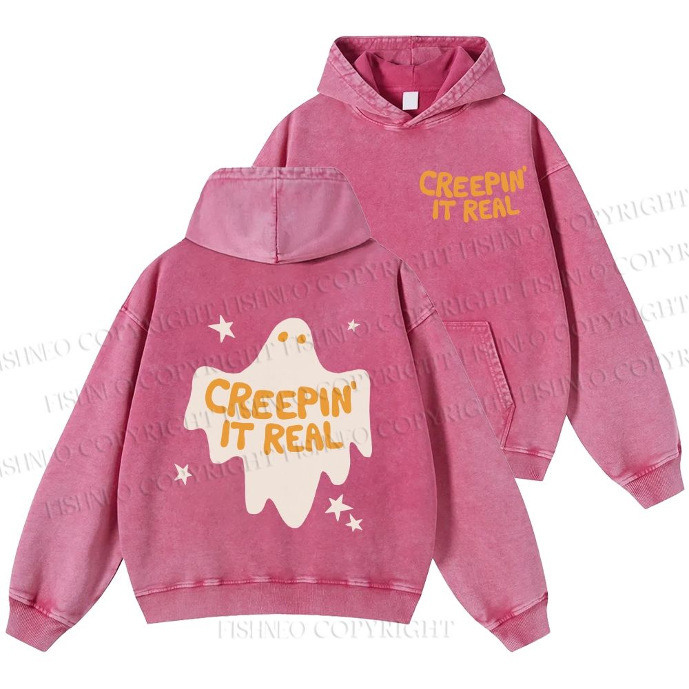 Unisex Creeping it Real Halloween Ghost Casual Printed Double-sided Washed Hoodie