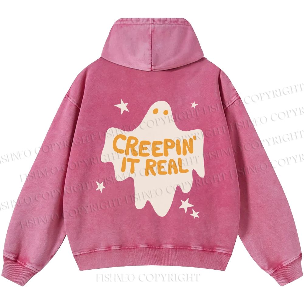 Unisex Creeping it Real Halloween Ghost Casual Printed Double-sided Washed Hoodie