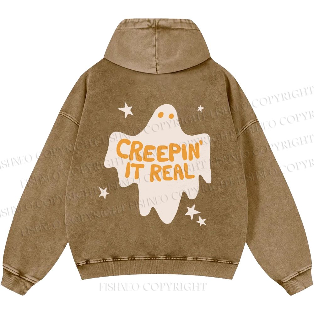 Unisex Creeping it Real Halloween Ghost Casual Printed Double-sided Washed Hoodie