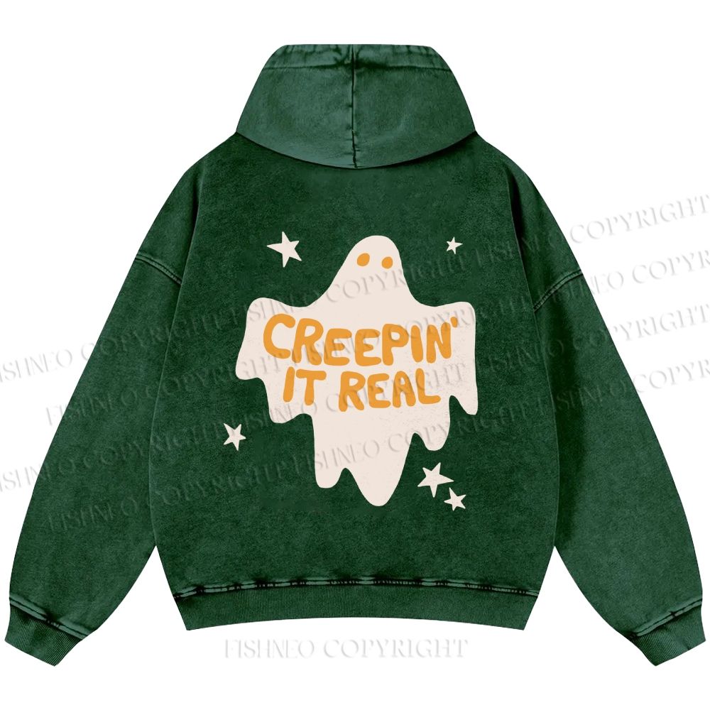 Unisex Creeping it Real Halloween Ghost Casual Printed Double-sided Washed Hoodie