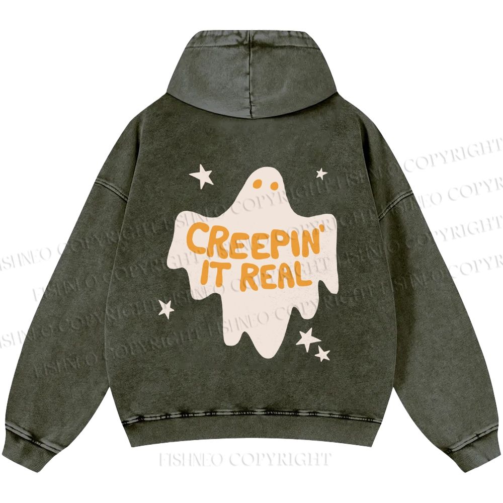 Unisex Creeping it Real Halloween Ghost Casual Printed Double-sided Washed Hoodie