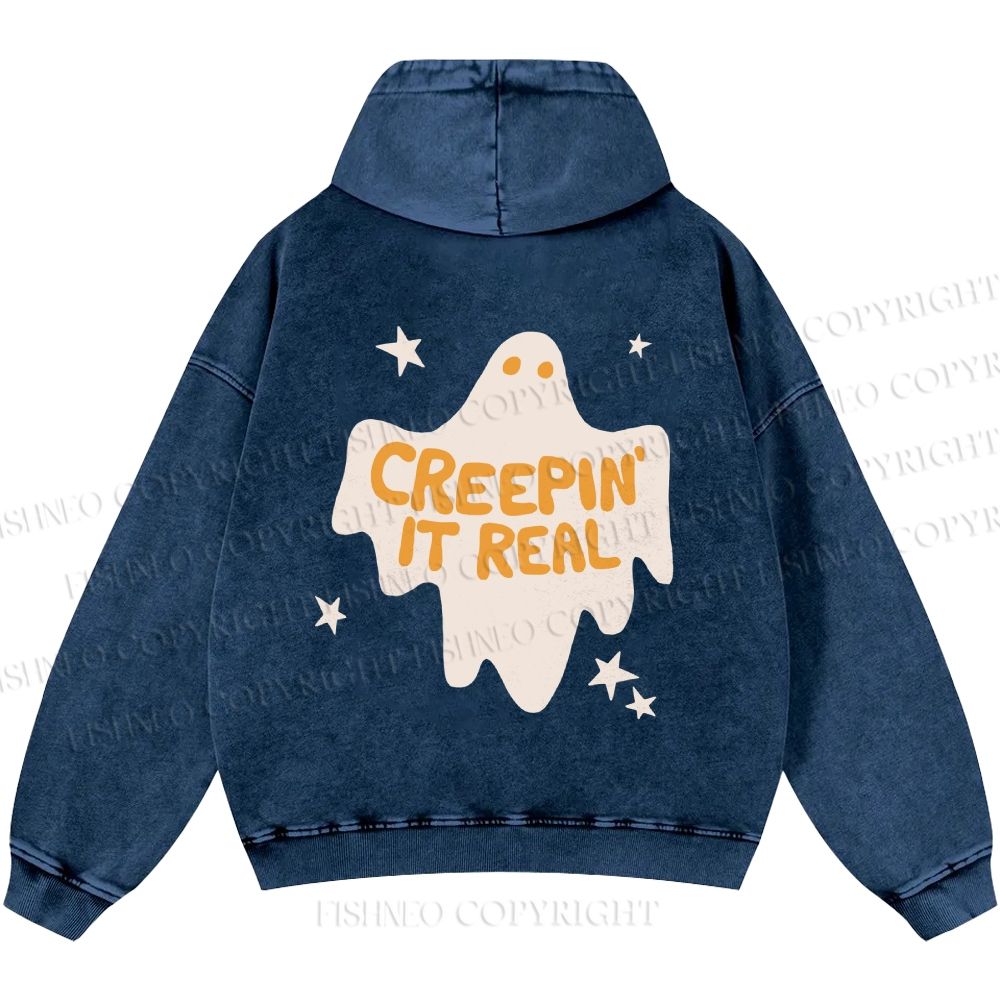 Unisex Creeping it Real Halloween Ghost Casual Printed Double-sided Washed Hoodie