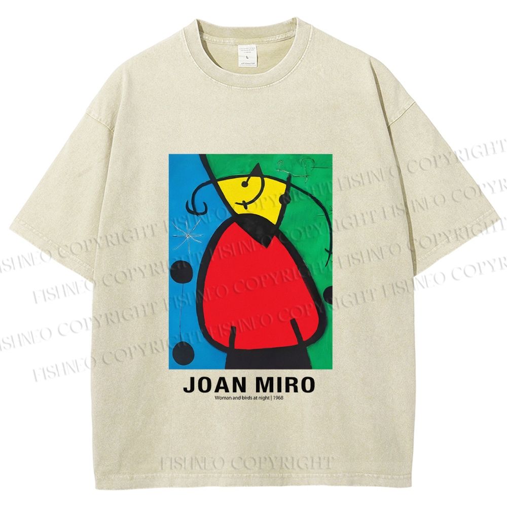 Unisex Joan Miró Woman And Birds At Night Printed Washed Tee