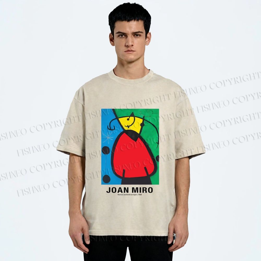 Unisex Joan Miró Woman And Birds At Night Printed Washed Tee