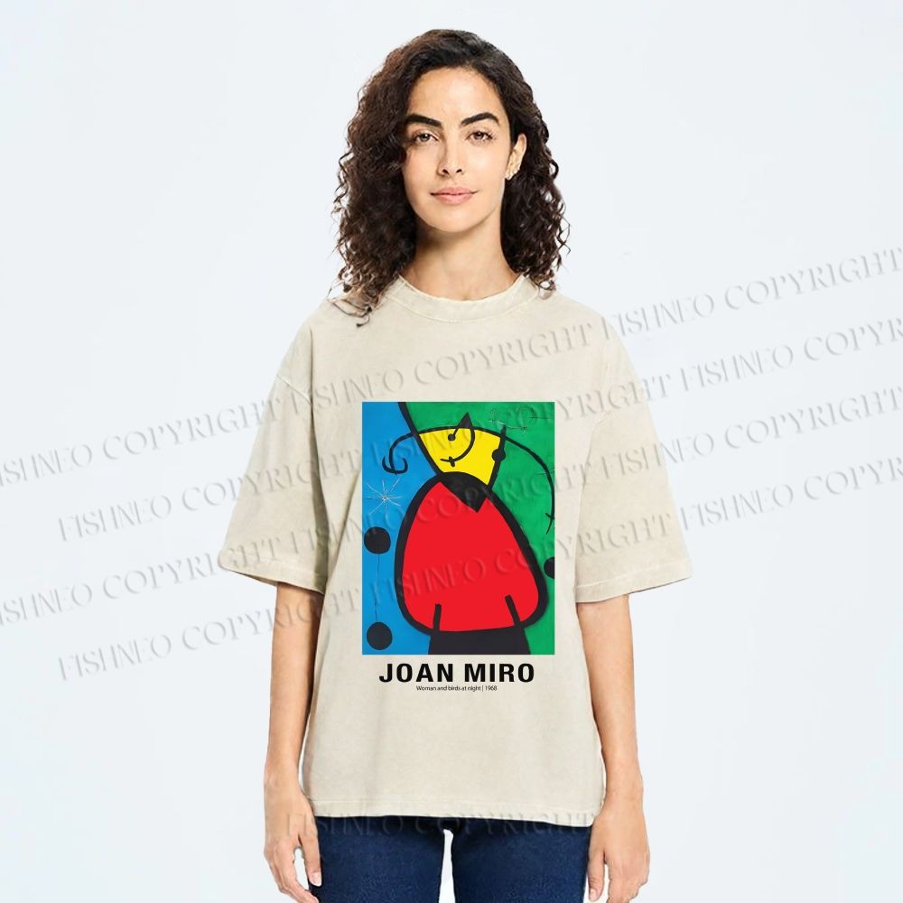 Unisex Joan Miró Woman And Birds At Night Printed Washed Tee