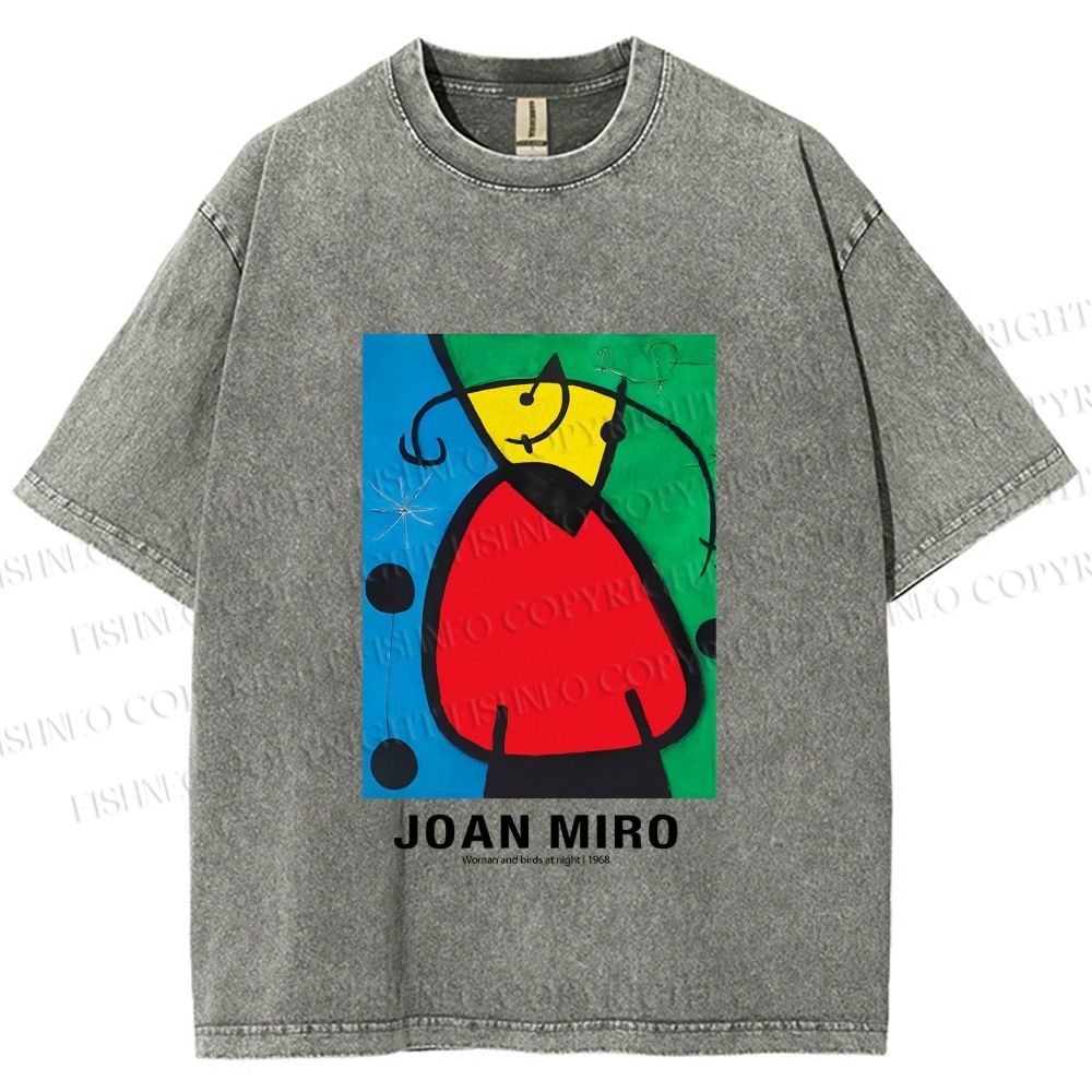 Unisex Joan Miró Woman And Birds At Night Printed Washed Tee