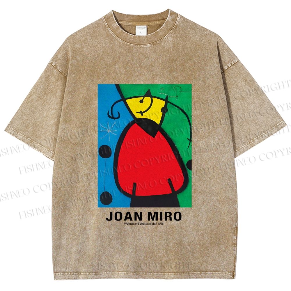 Unisex Joan Miró Woman And Birds At Night Printed Washed Tee