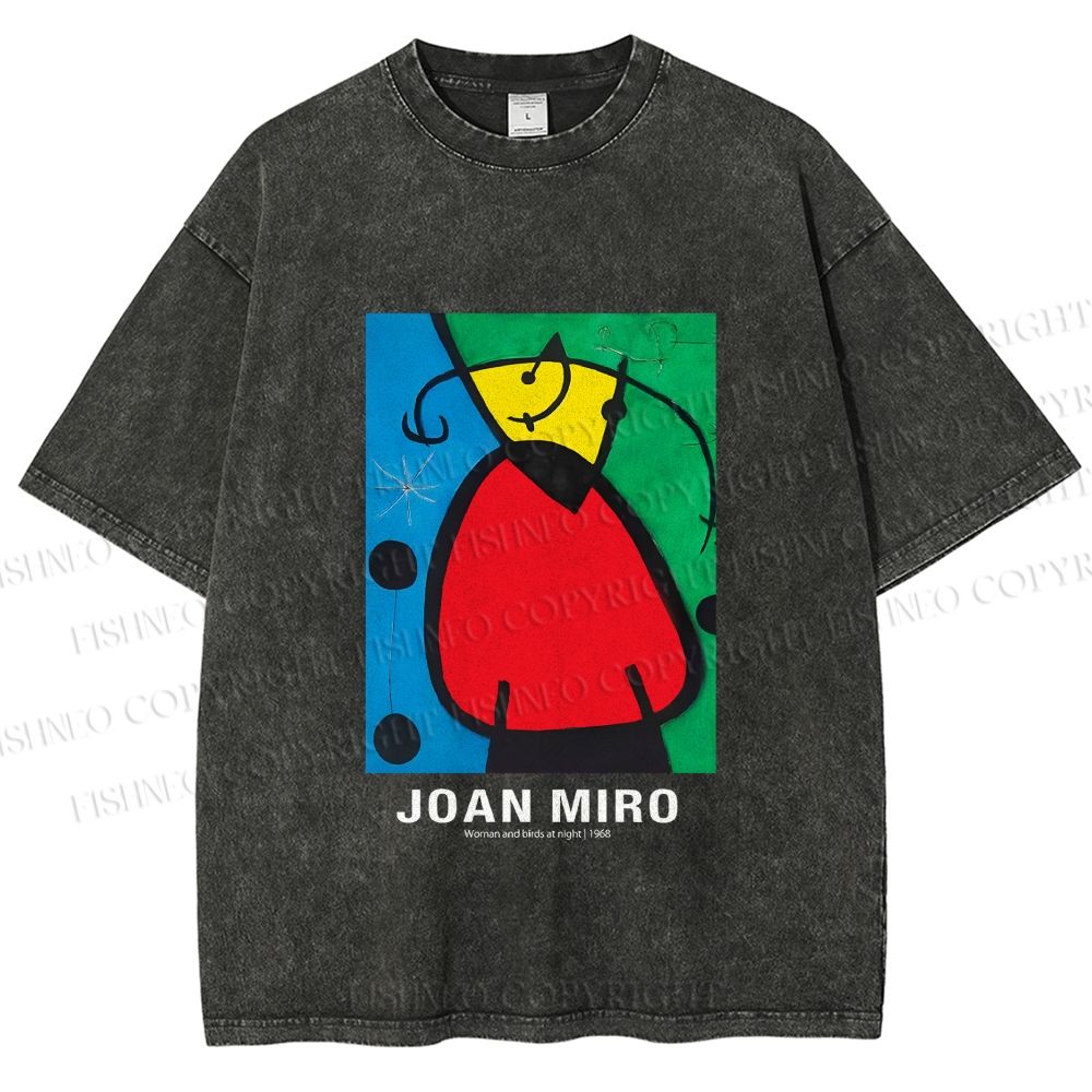 Unisex Joan Miró Woman And Birds At Night Printed Washed Tee