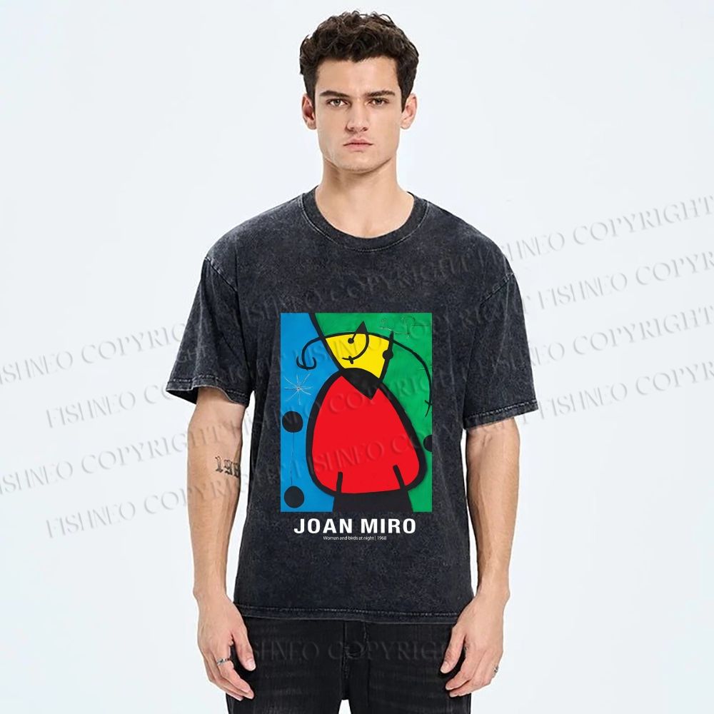 Unisex Joan Miró Woman And Birds At Night Printed Washed Tee